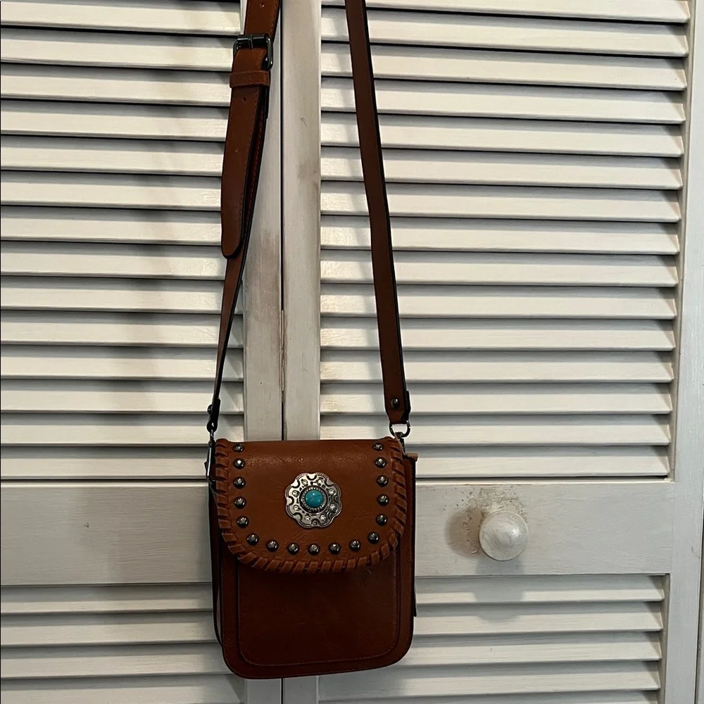 #1024+ “30X7”Brown Leather Crossbody Bag with Turquoise Accent - Picture 3 of 16